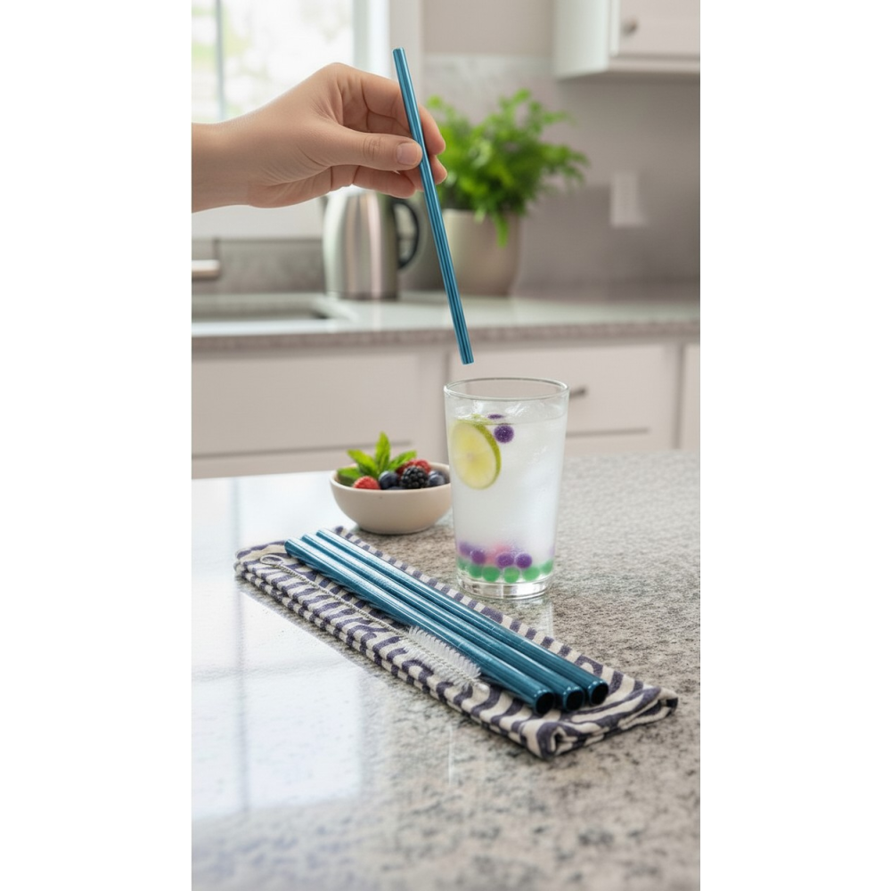 Kit 4 pailles en Inox Bleu pour Bubble Tea