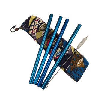 Kit 4 pailles en Inox Bleu pour Bubble Tea