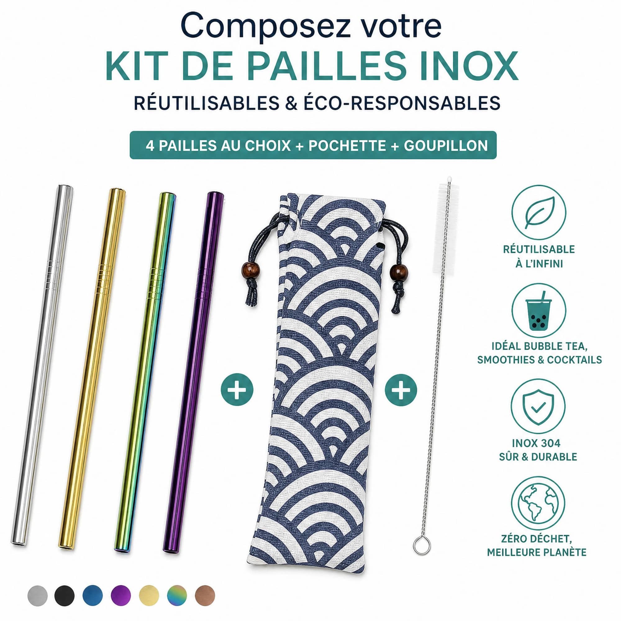 Kit Paille Inox à Composer – 4 Pailles + Pochette | MY SWEET TEA
