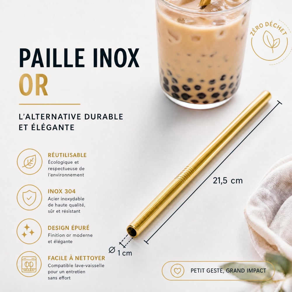 Paille Inox Bubble Tea Or 12 mm | MY SWEET TEA