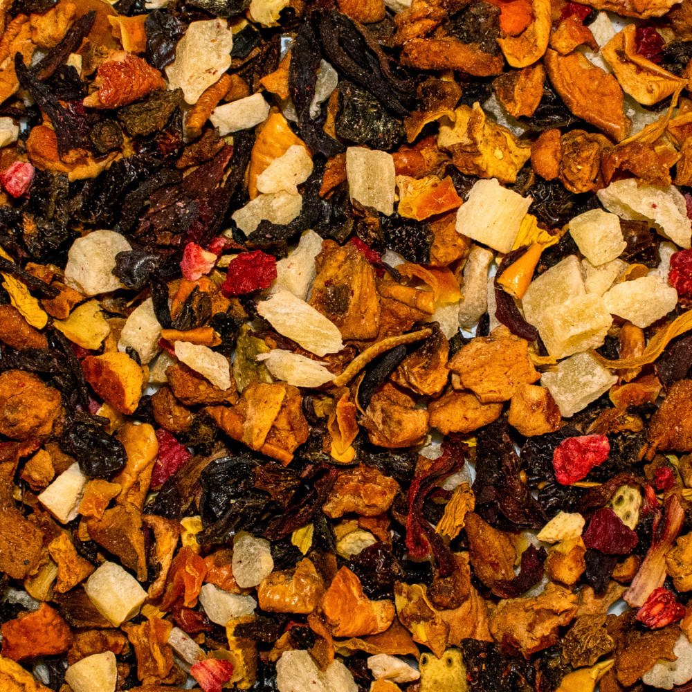 Eau de fruits Baies des Brumes, morceaux de pomme, hibiscus et pétales de tournesol
