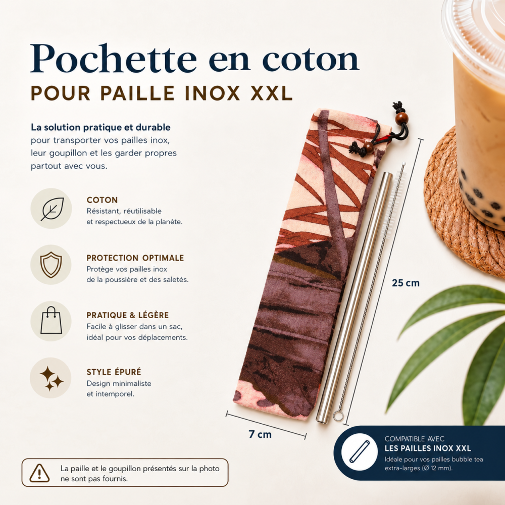 Pochette en coton motif bambou pour paille inox XXL, fermeture à cordon et perles de bois