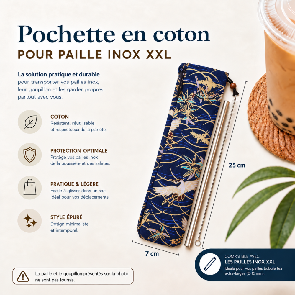 Pochette en coton Héron Bleu, hérons et vagues dorées sur fond bleu nuit, pour paille inox XXL