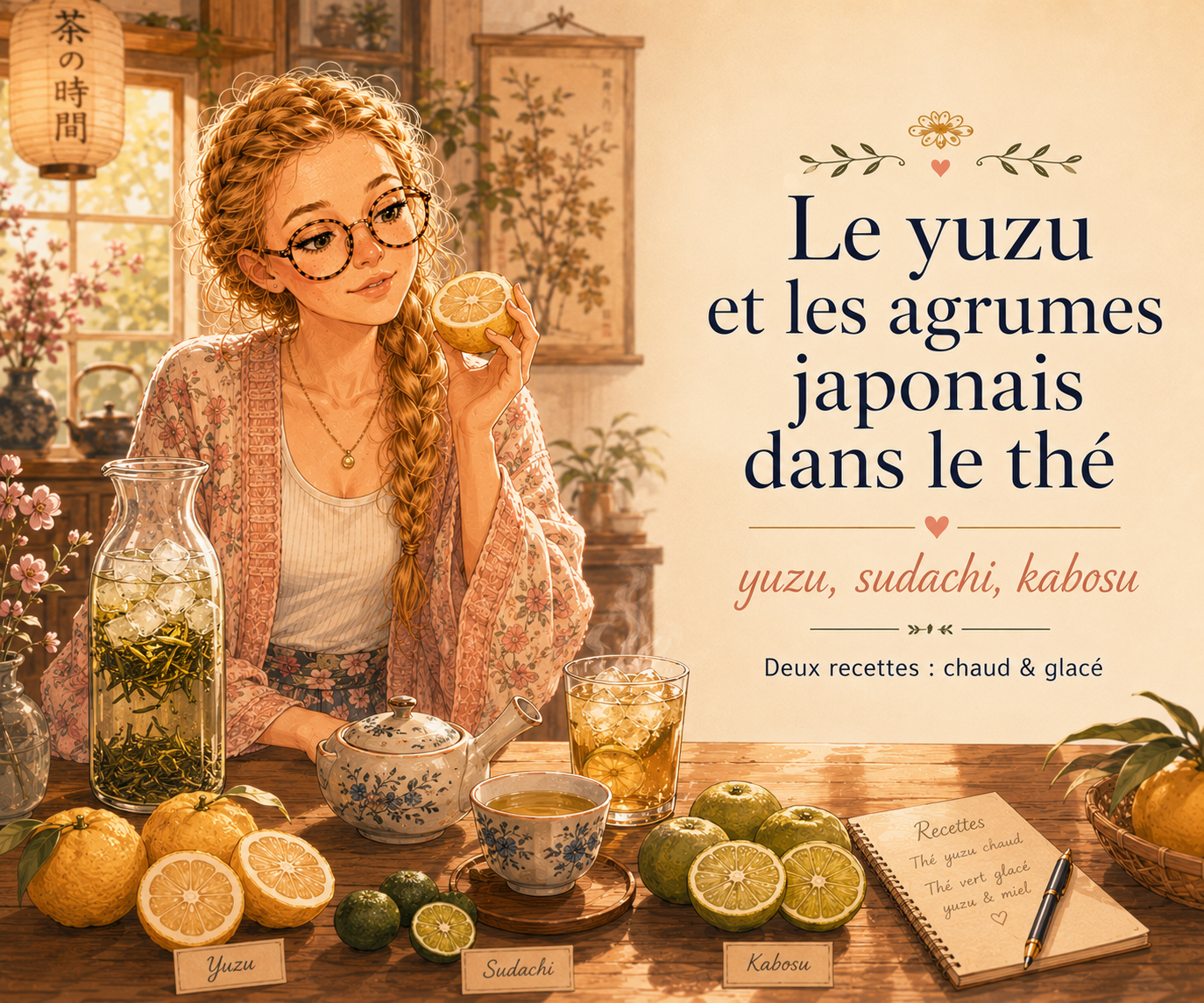 Vous découvrez des yuzu jaunes et des sudachi verts posés près d'une tasse de thé vert japonais fumant
