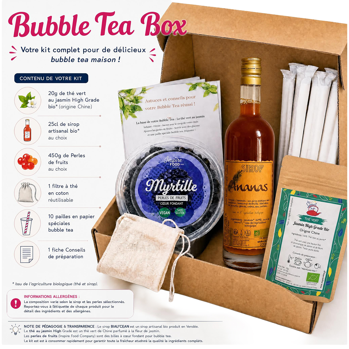 La Box Bubble Tea à composer de My Sweet Tea : thé au jasmin, sirop artisanal et perles de fruits que vous assemblez chez vous