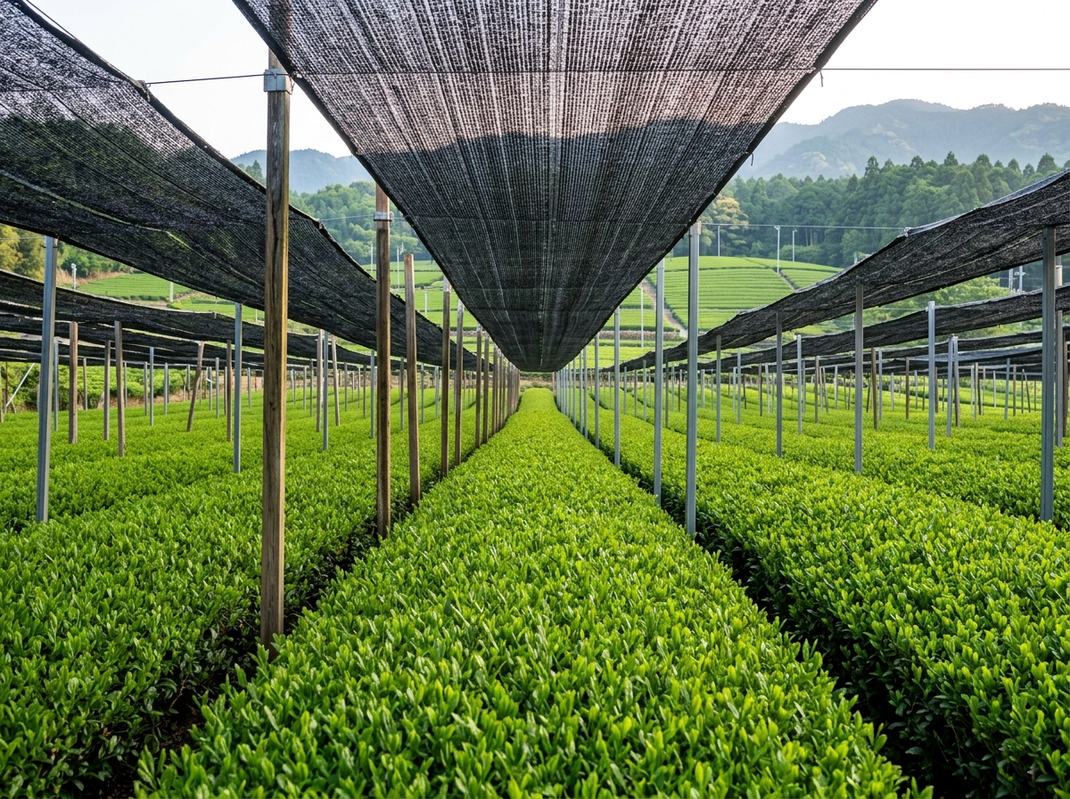Plantation de théiers à Uji au Japon avec filets d'ombrage